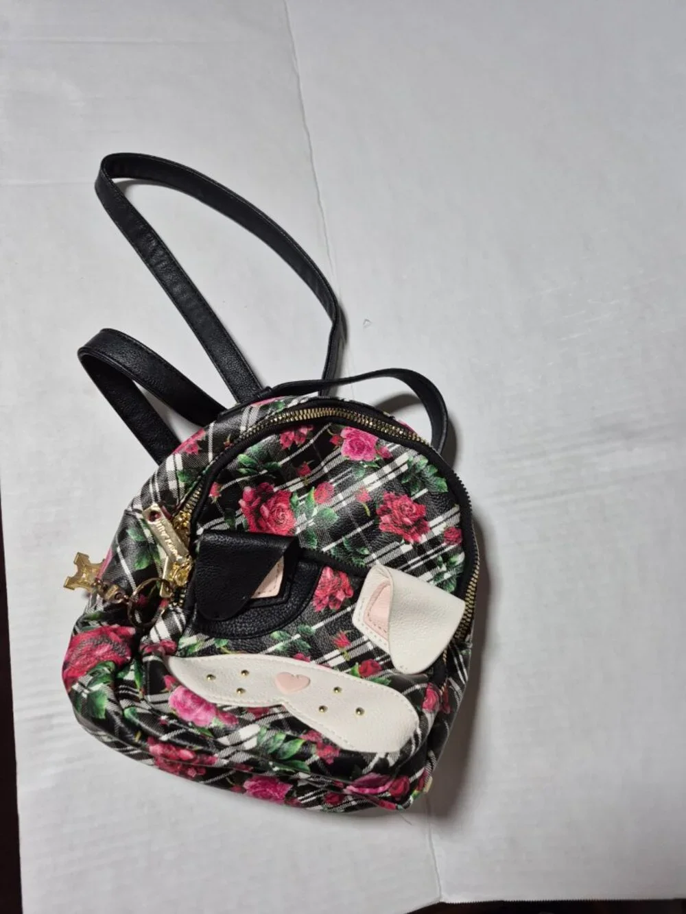 Betsey Johnson Cat Face Mini Backpack Floral Plaid Rose Kitsch Bag